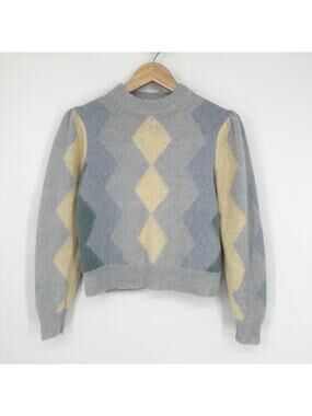 J. Crew Diamond-Checked Argyle Crewneck Sweater Alpaca Wool Blend Puff Sleeve